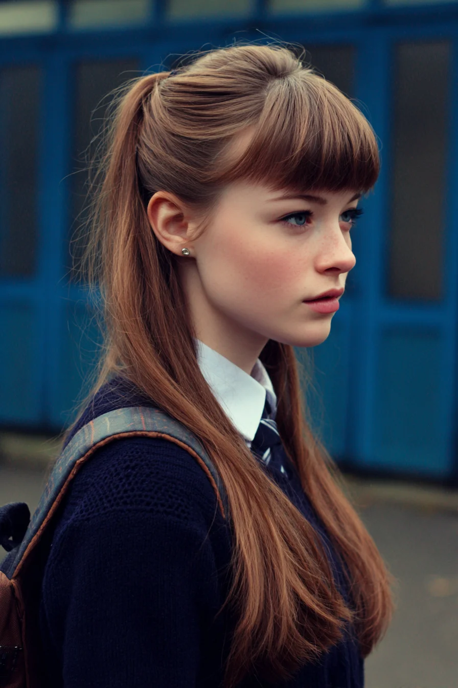 Half-Up Sleek Ponytail with Blunt Fringe — Long Straight Hair