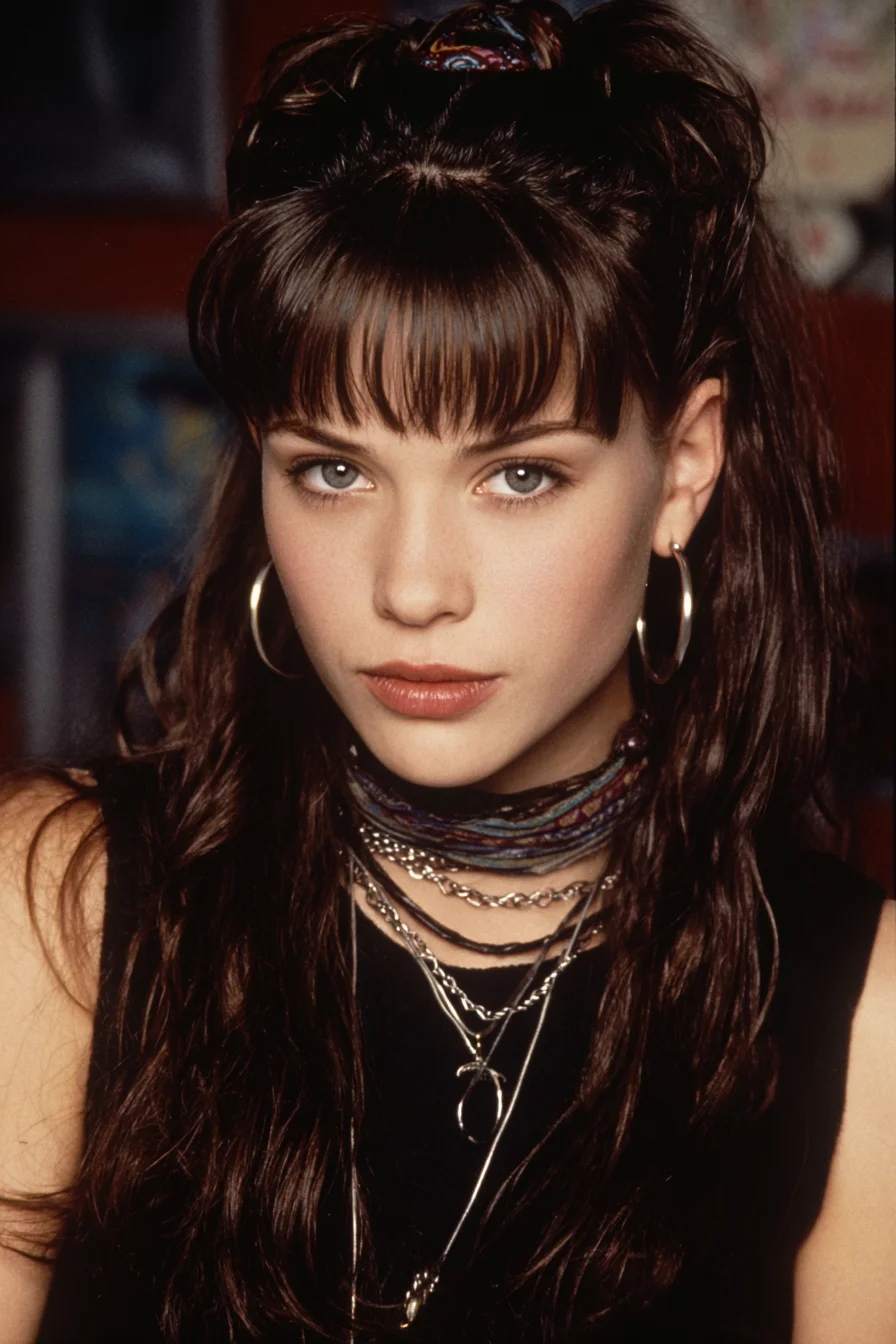 Half-Up Textured Waves with Blunt Fringe and Scrunchie