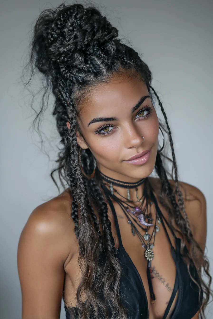 High Half-Up Cornrows with Loose Textured Waves and Micro-Braids