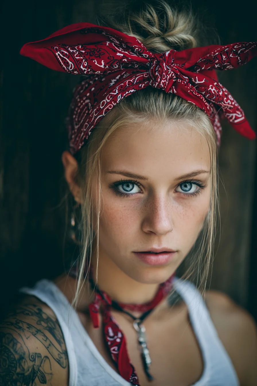 High Messy Bun with Bandana — Boho Top Knot with Face‑Framing Pieces