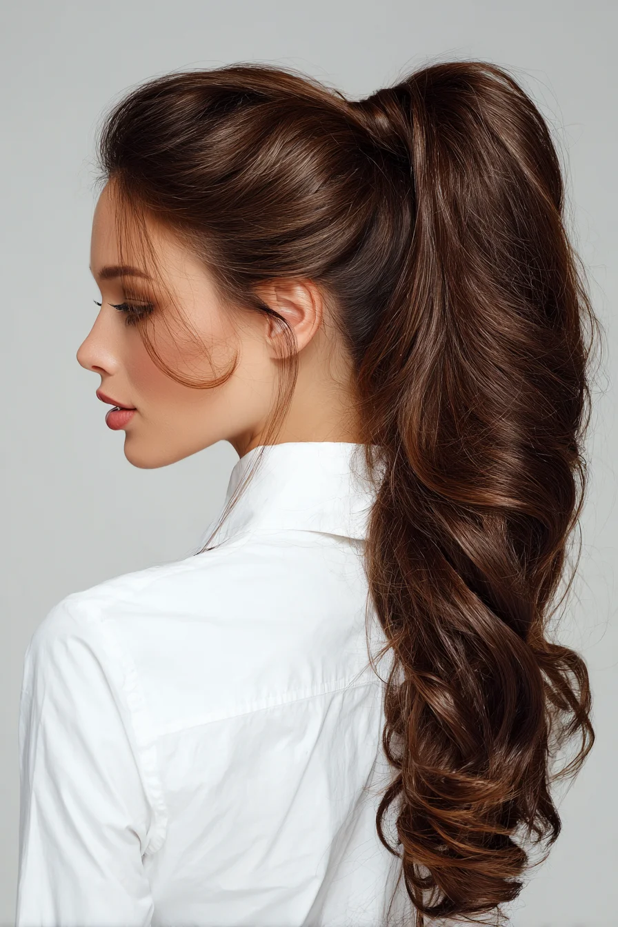 High Voluminous Wavy Ponytail with Face-Framing Tendrils