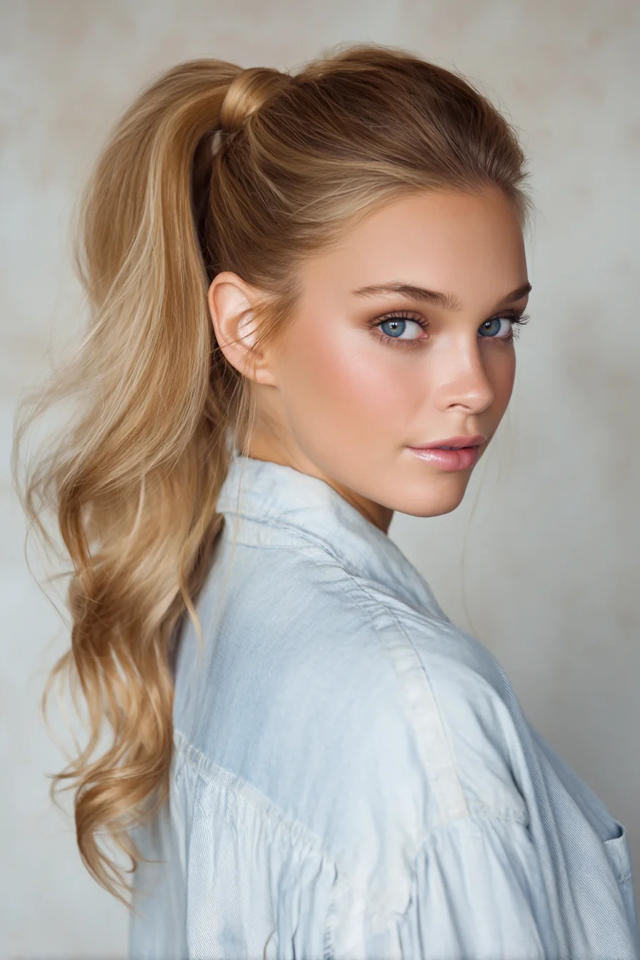 High Voluminous Wrapped Ponytail with Loose Beachy Waves