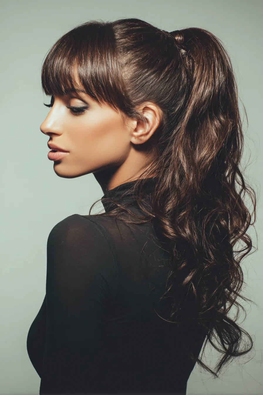 High Wavy Ponytail with Blunt Fringe (Voluminous Textured Style)