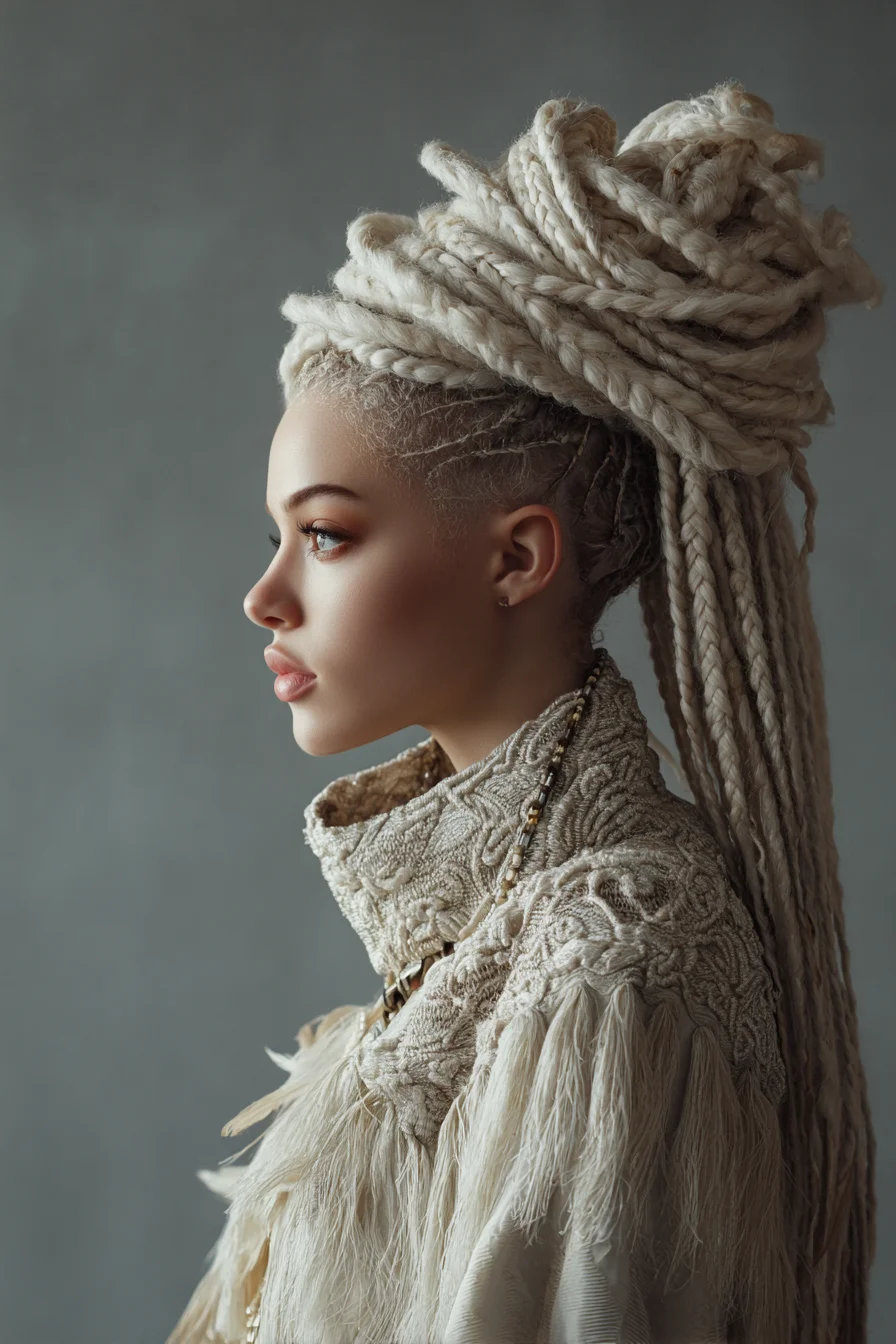 High Wrapped Blonde Faux-Locs Updo with Cornrow Undercut