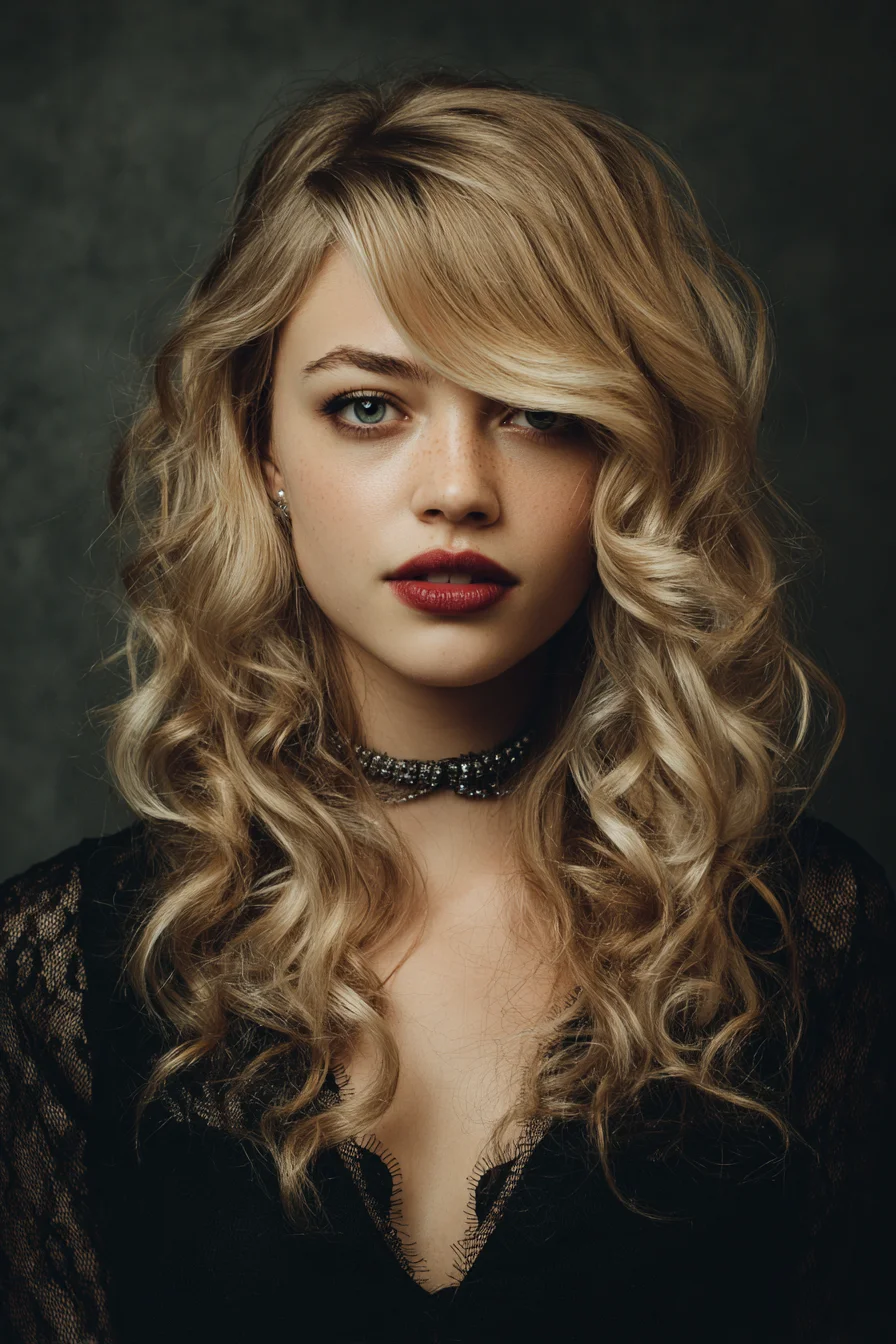 Layered Blonde Waves with Side‑Swept Fringe — Voluminous Romantic Curls
