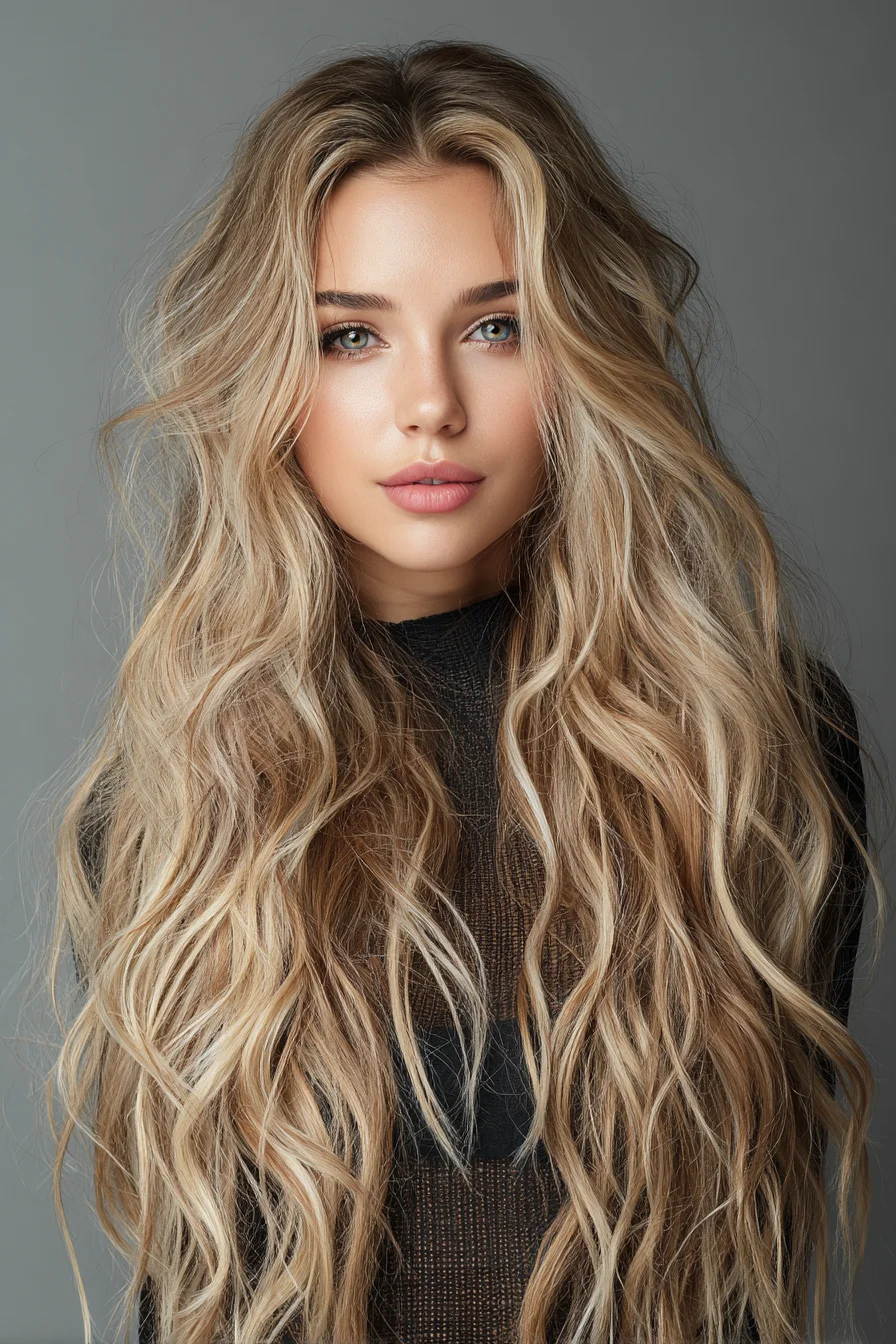 Long Beachy Waves with Face‑Framing Layers and Blonde Balayage