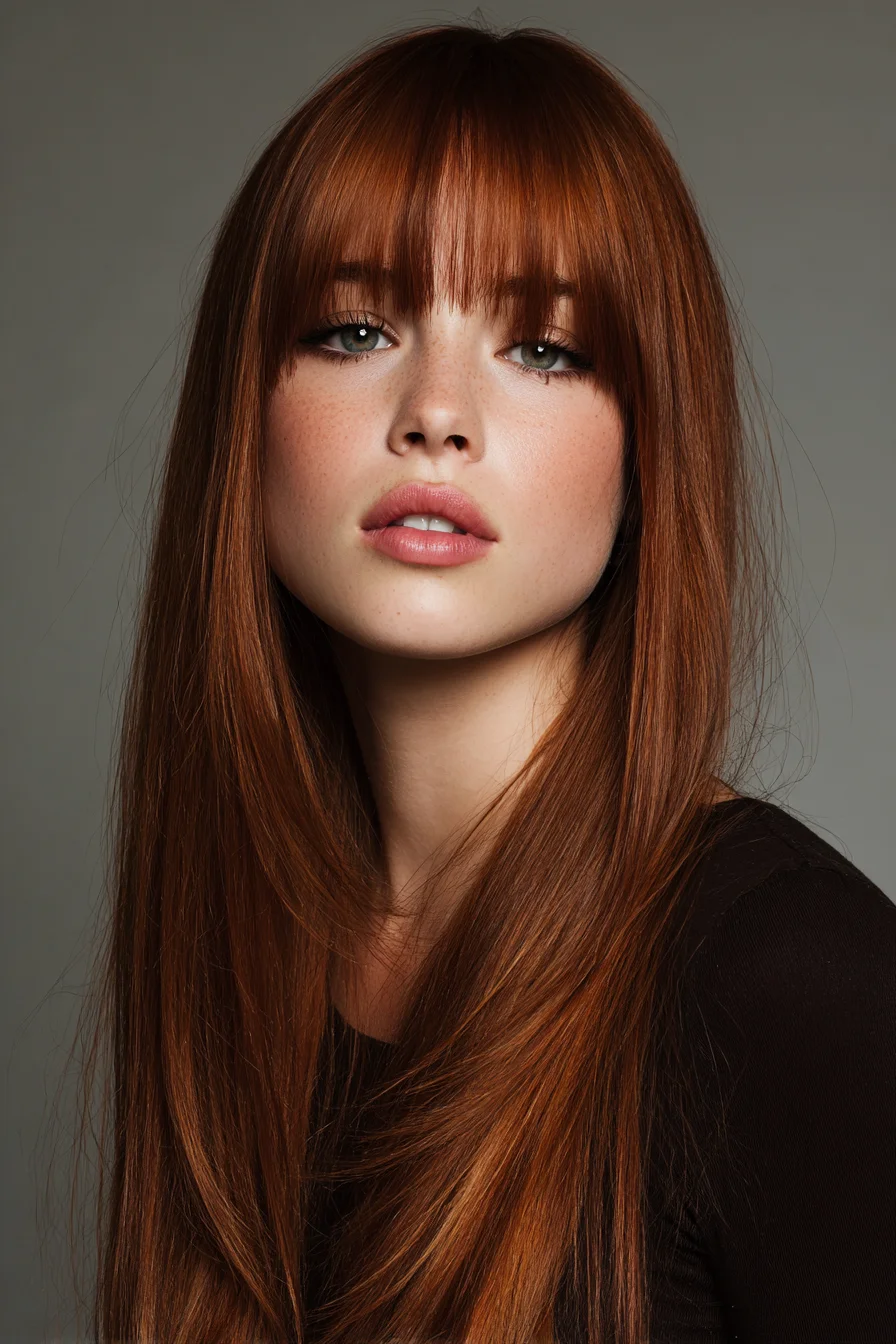 Long Copper Straight Layers with Blunt Curtain Bangs