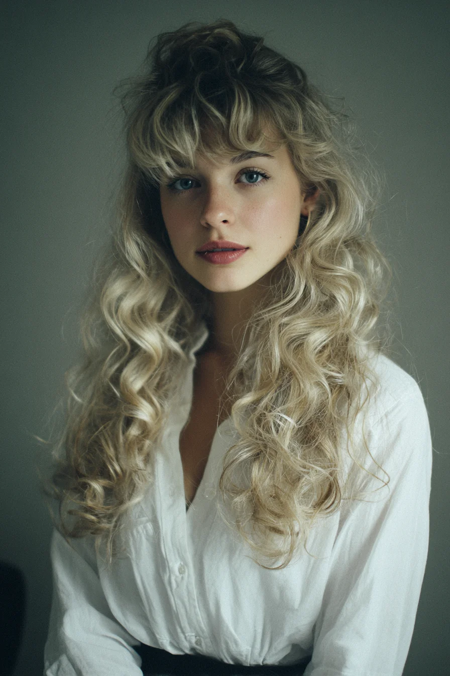 Long Layered Blonde Curls with Textured Curtain Bangs