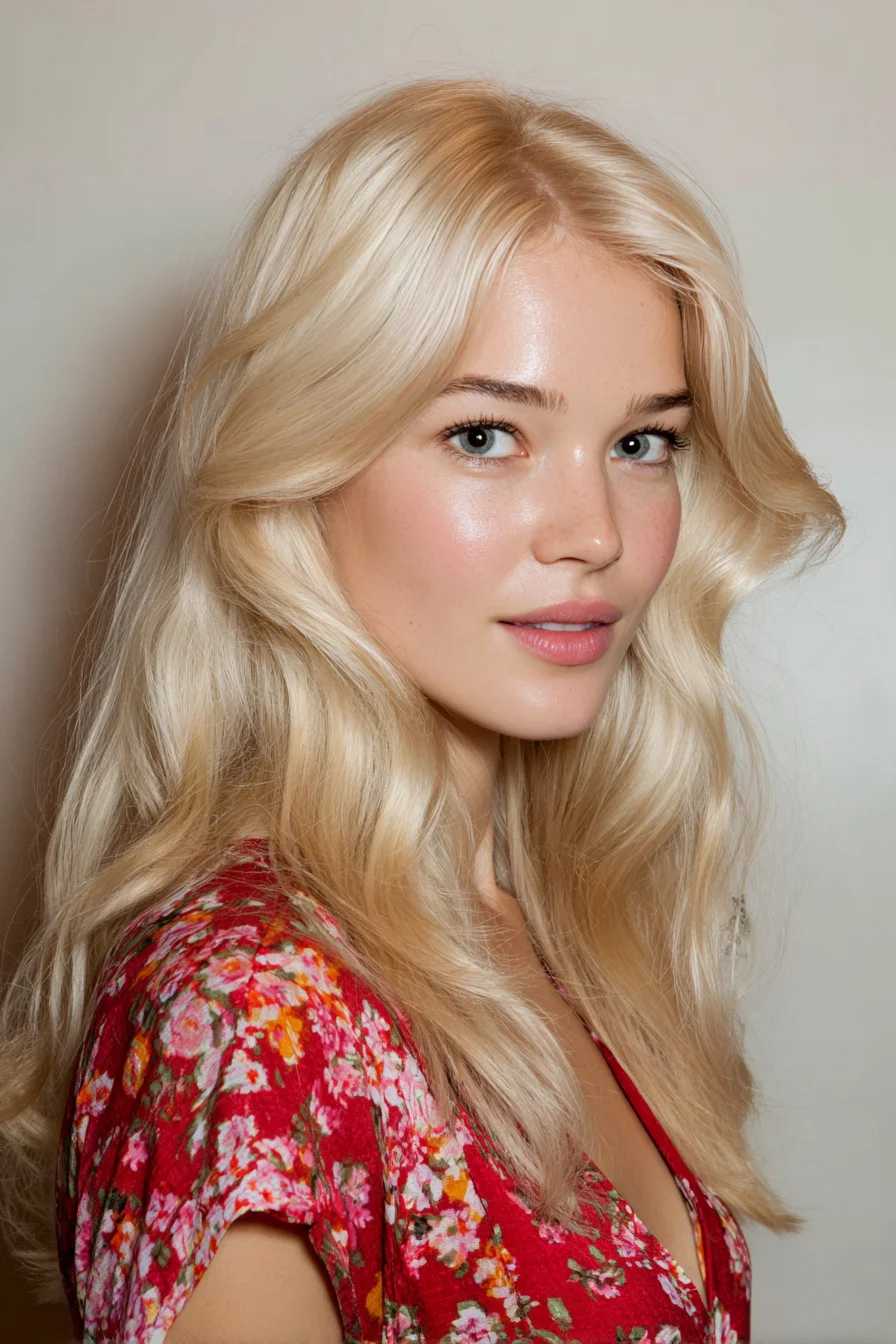 Long Layered Blonde Waves with Soft Face‑Framing Curtain