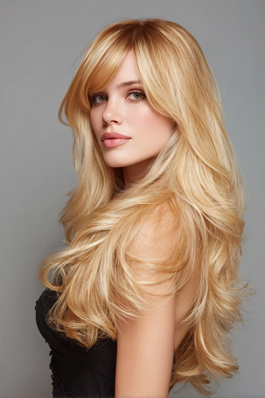 Long Layered Blonde with Face‑Framing Curtain Bangs and Soft Waves