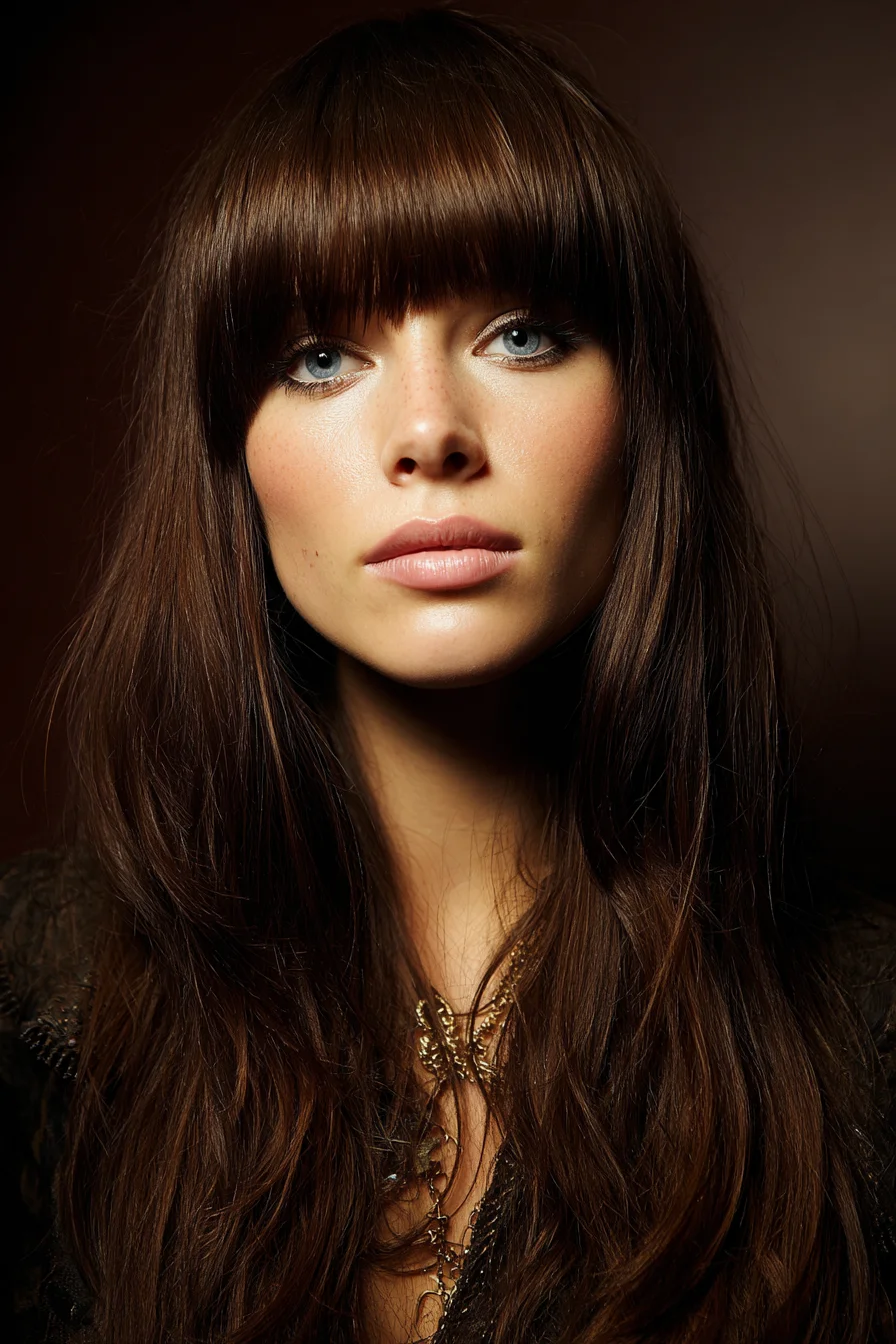 Long Layered Brown Hair with Blunt Full Fringe