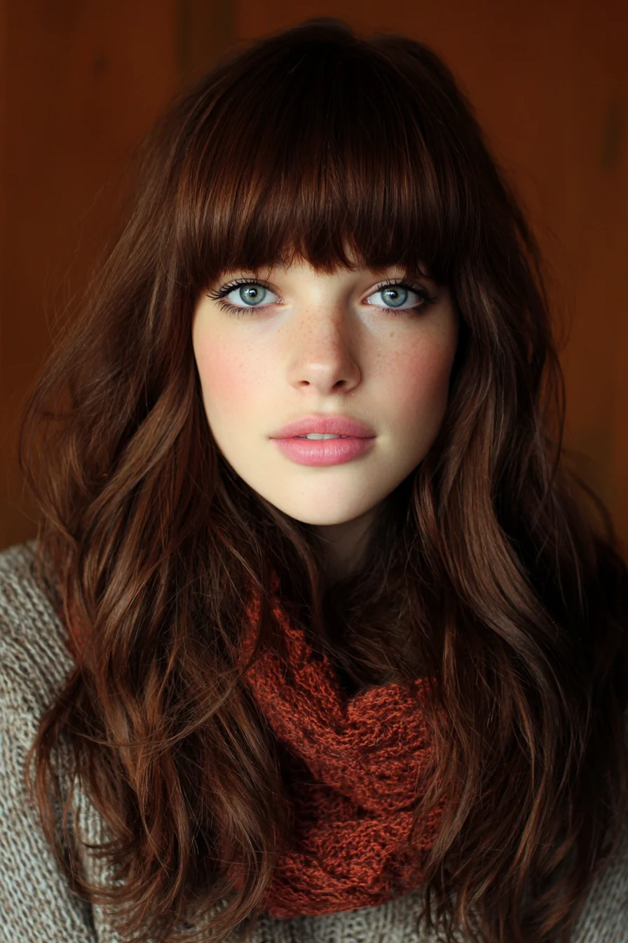 Long Layered Chestnut Waves with Blunt Fringe