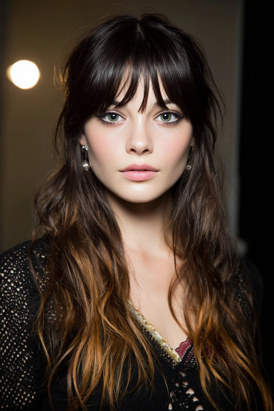 Long Layered Cut with Curtain Bangs and Beachy Balayage Waves