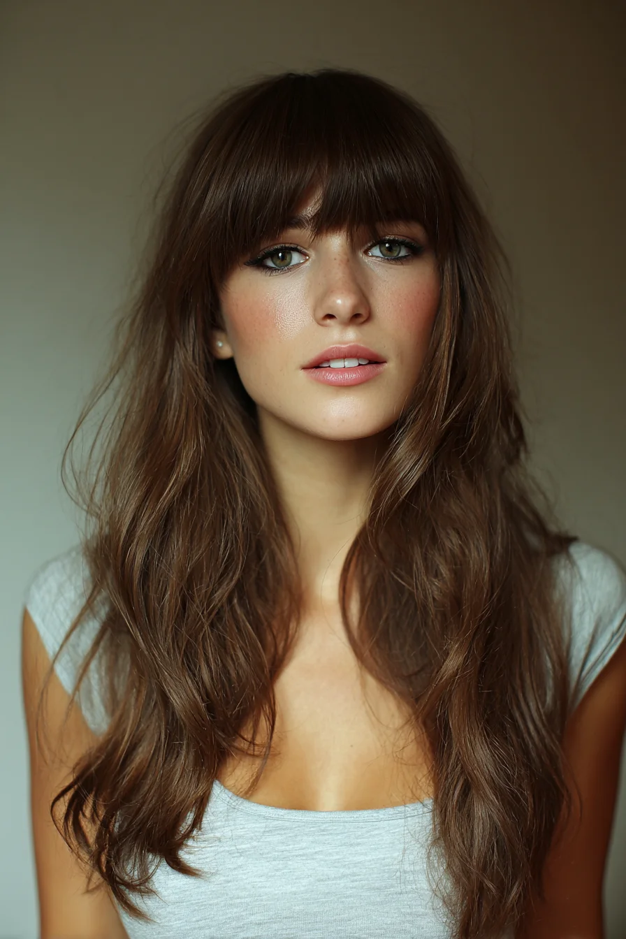 Long Layered Cut with Full Blunt Bangs and Soft Beachy Waves