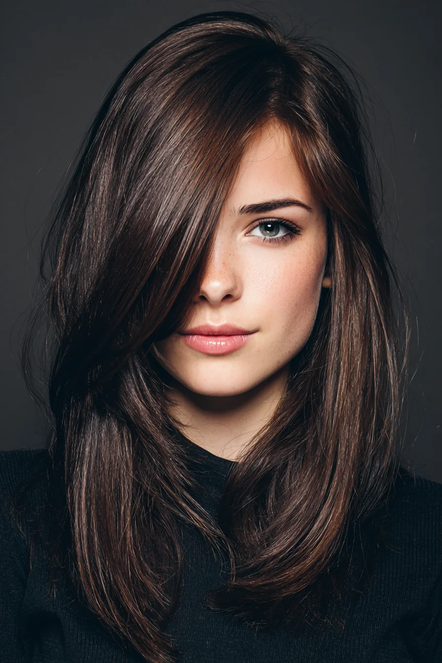 Long Layered Cut with Side‑Swept Fringe — Sleek Blowout for Medium to Thick Hair