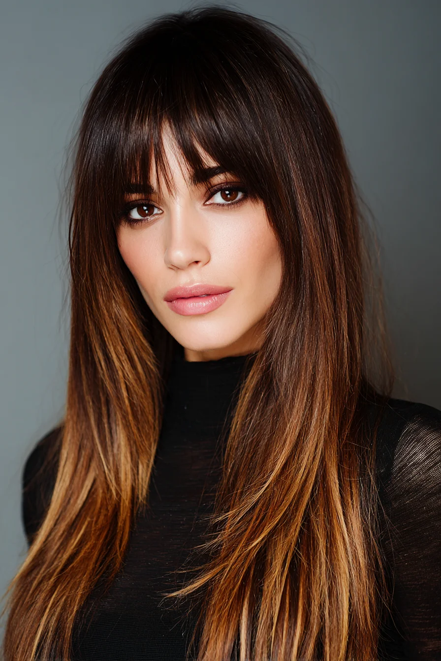 Long Layered Cut with Wispy Fringe and Caramel Balayage