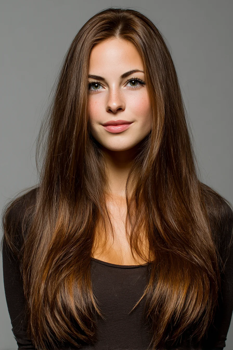 Long Layered Glossy Brown Hair with Soft Face‑Framing Layers