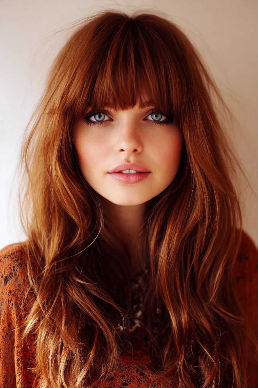 Long Layered Hair with Blunt Fringe and Tousled Texture