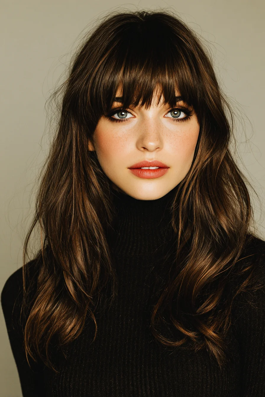 Long Layered Hair with Curtain Bangs and Soft Beach Waves
