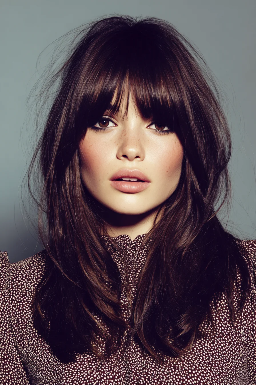 Long Layered Hair with Full Blunt Fringe and Soft Face‑Framing