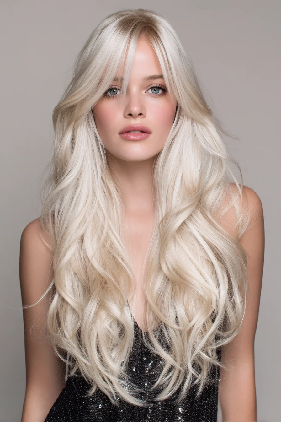 Long Layered Platinum Blonde with Face‑Framing Curtain Bangs