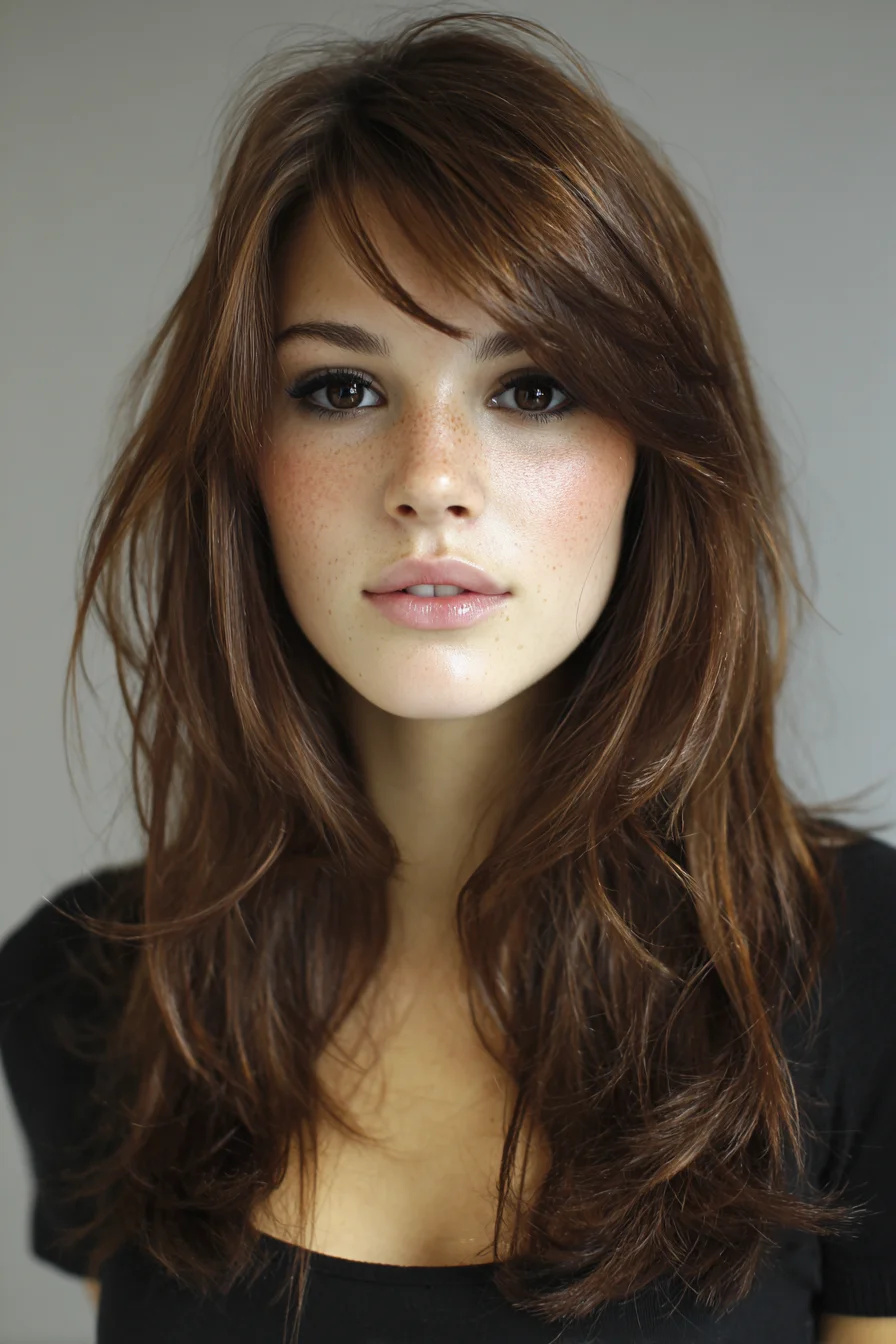 Long Layered Shag with Side-Swept Fringe — Textured Medium-Brown Waves