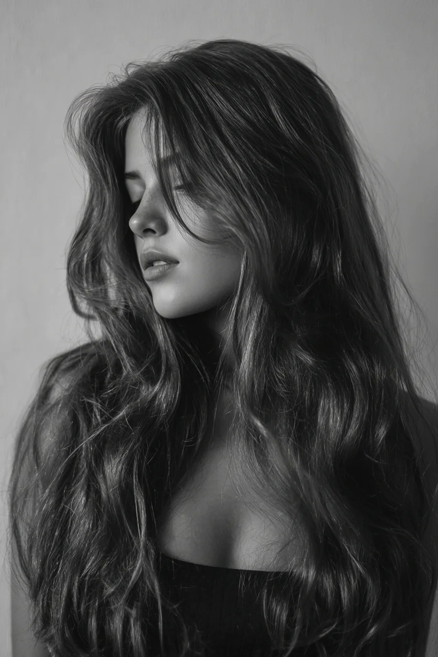 Long Layered Waves with Curtain Face‑Framing Bangs