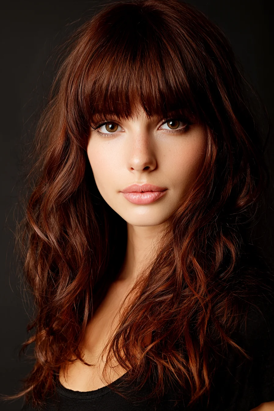 Long Layered Waves with Full Fringe — Soft Textured Chestnut Brown