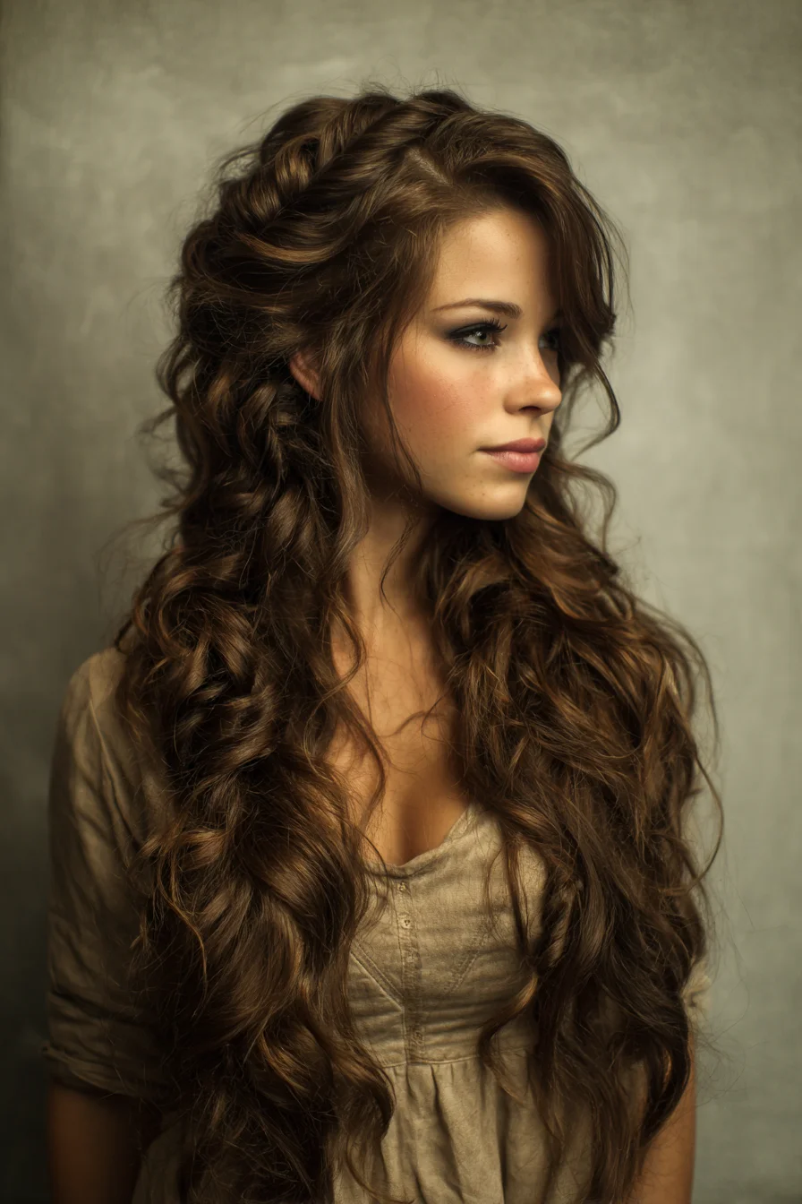 Long Layered Waves with Loose Side Braid Accent