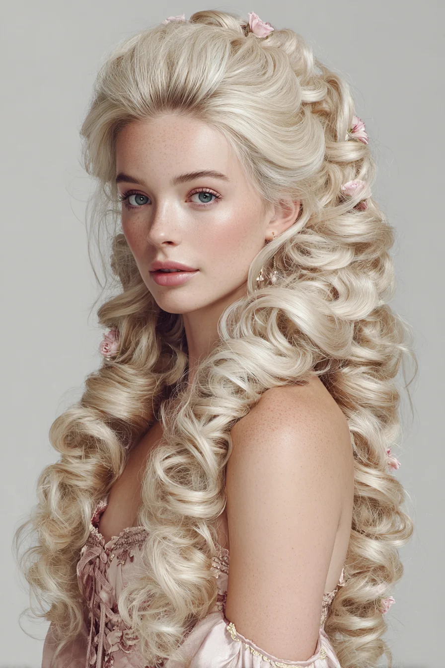 Long Romantic Vintage Ringlets with Half-Up Crown and Floral Accents