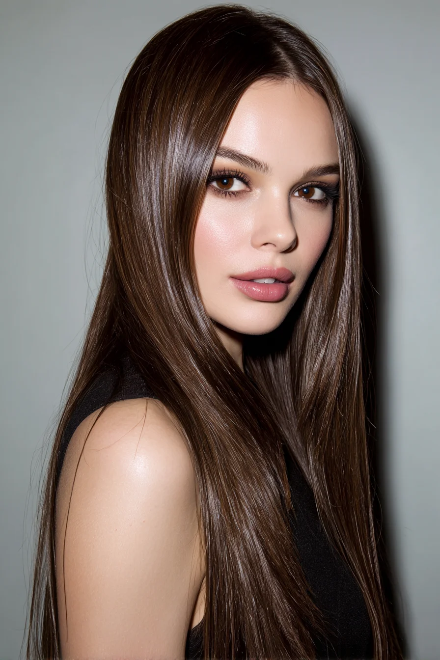 Long Sleek Center-Part Straight Hair with Glossy Finish