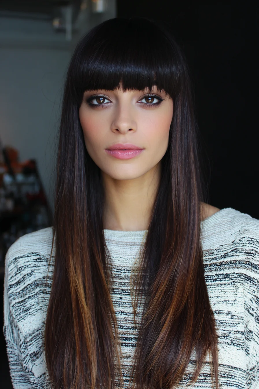 Long Sleek Hair with Blunt Fringe and Subtle Caramel Balayage