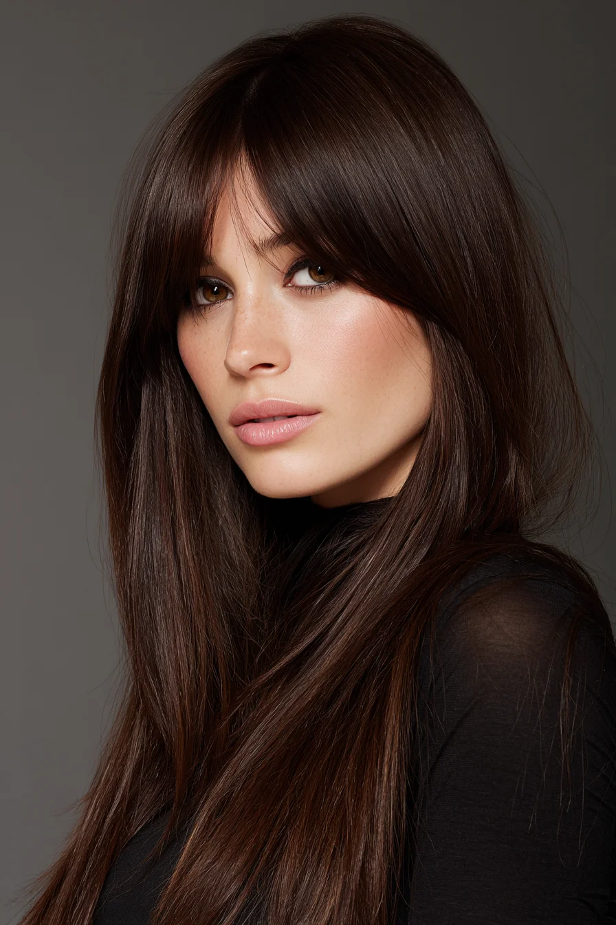 Long Sleek Layers with Curtain Bangs — Chocolate Brown Straight Hairstyle