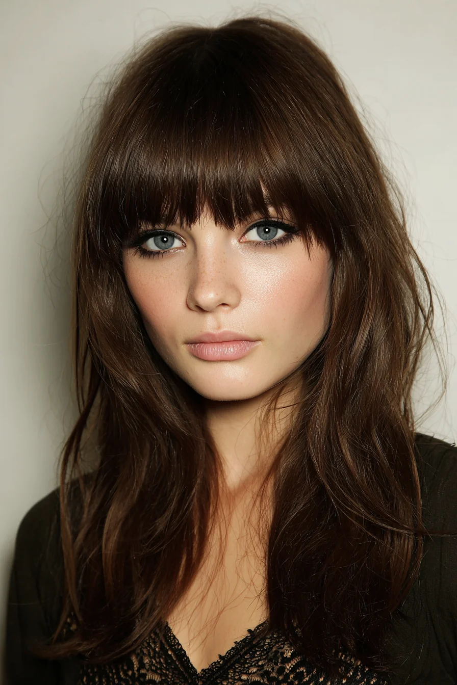 Long Textured Layers with Blunt Fringe (Soft Shag Bangs)