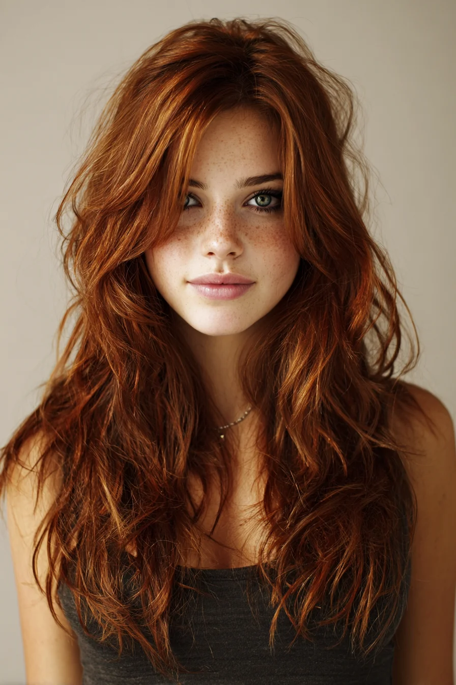 Long Textured Layers with Curtain Fringe — Tousled Copper Waves