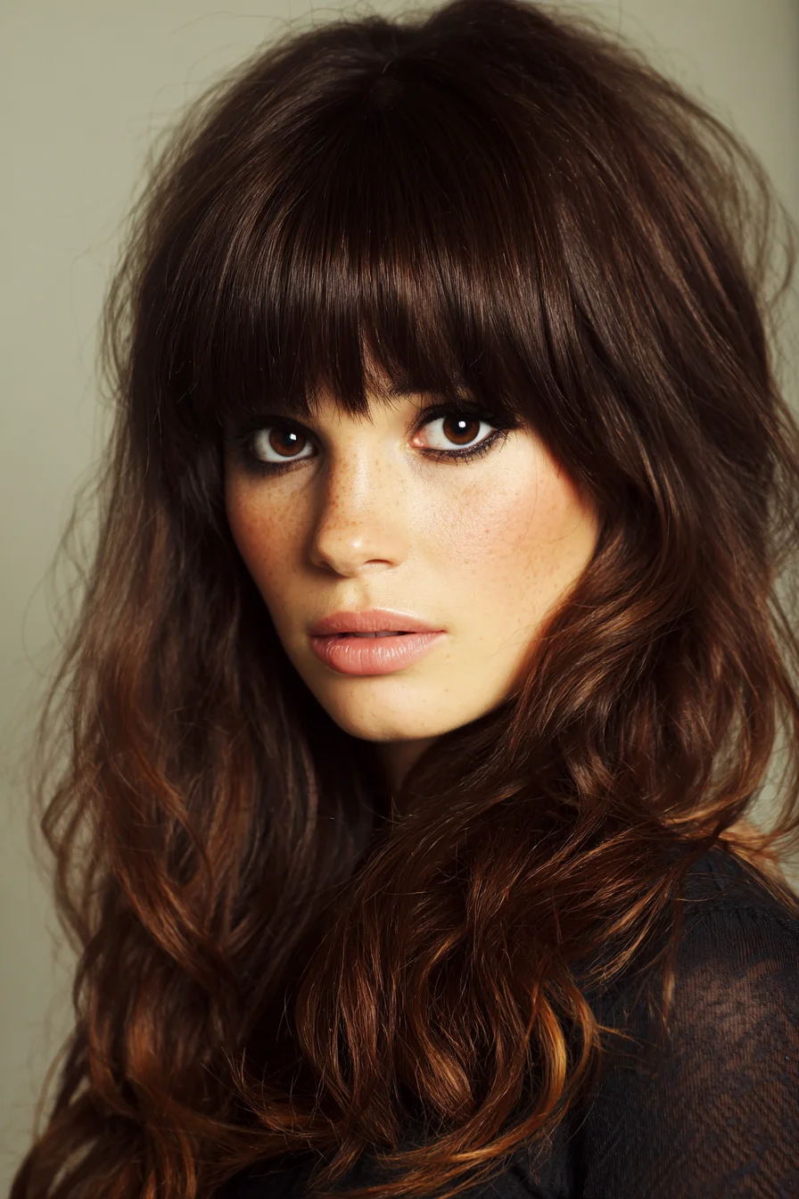 Long Textured Layers with Full Blunt Fringe — Voluminous Shag