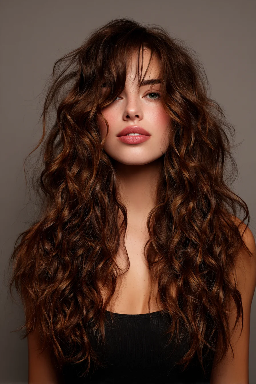 Long Textured Waves with Curtain Bangs — Layered, Beachy Finish
