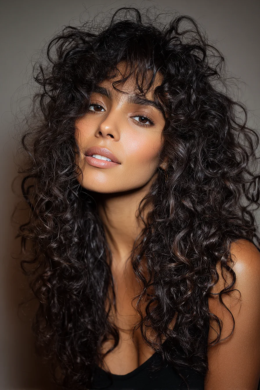 Long Voluminous Curly Hair with Textured Curtain Bangs