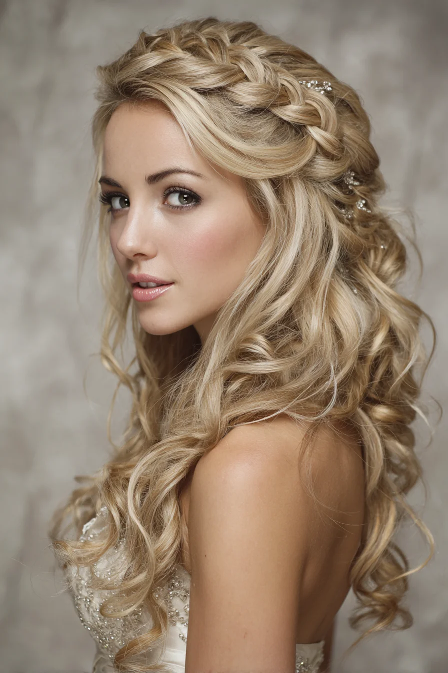 Loose Crown Braid with Romantic Cascading Curls