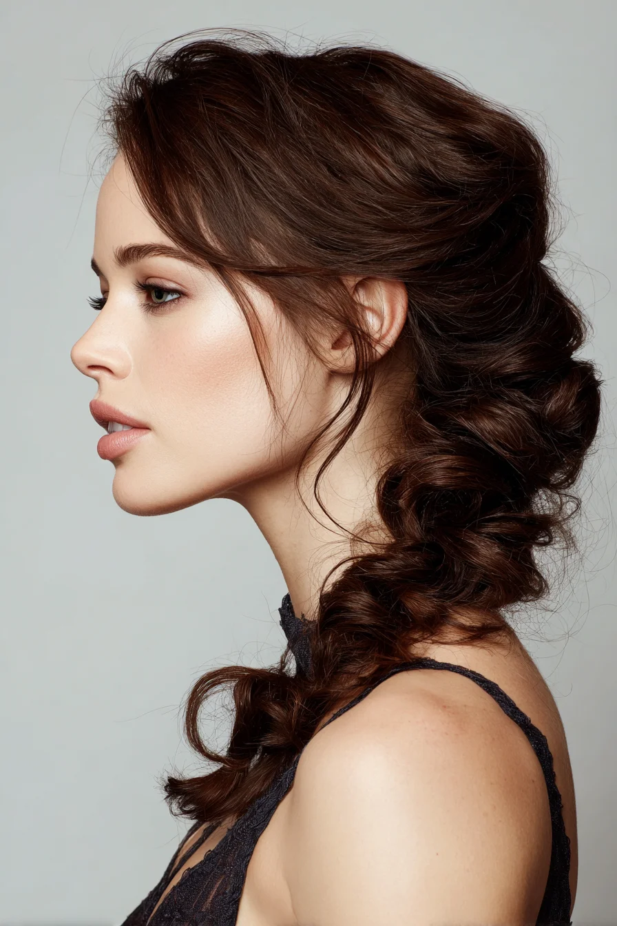 Loose Textured Low Side Braid with Face-Framing Tendrils