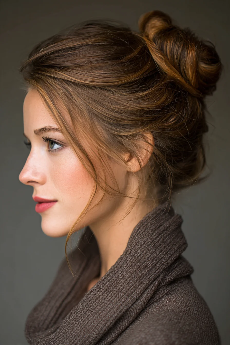 Loose Textured Top Knot Bun with Face‑Framing Tendrils
