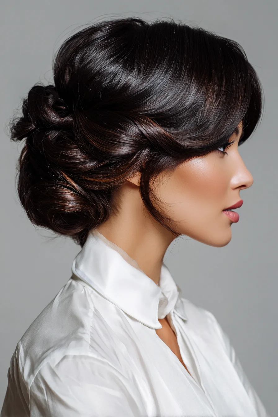 Low Twisted Chignon with Soft Face‑Framing Waves