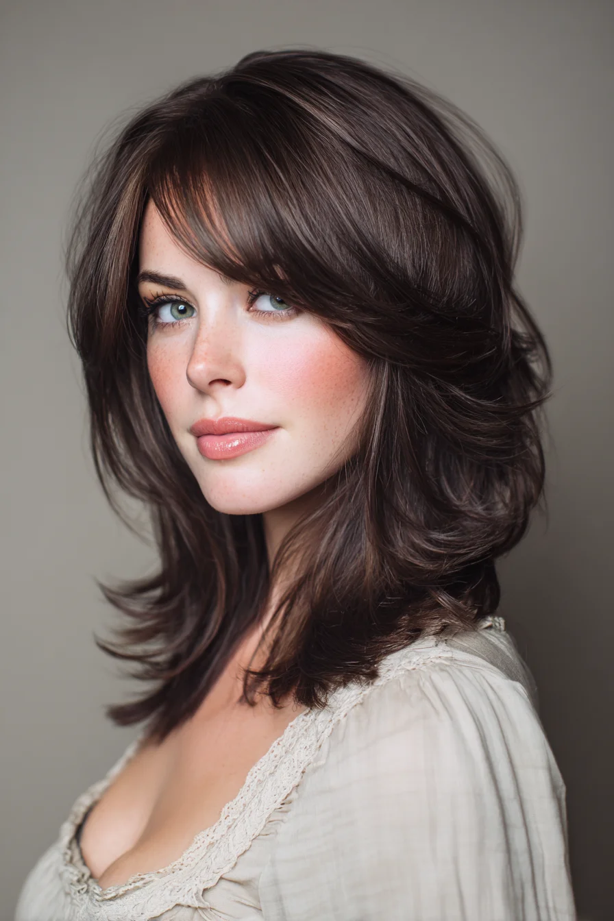 Medium Layered Shag with Curtain Bangs and Feathered Ends