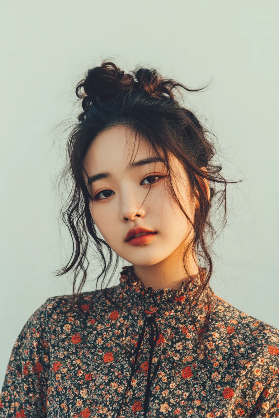 Messy Double Top Knots with Face‑Framing Tendrils