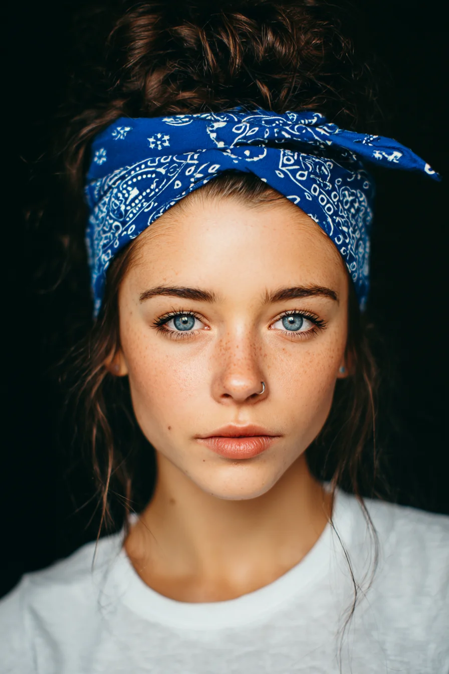 Messy High Bun with Blue Bandana — Textured Updo for Curly & Wavy Hair