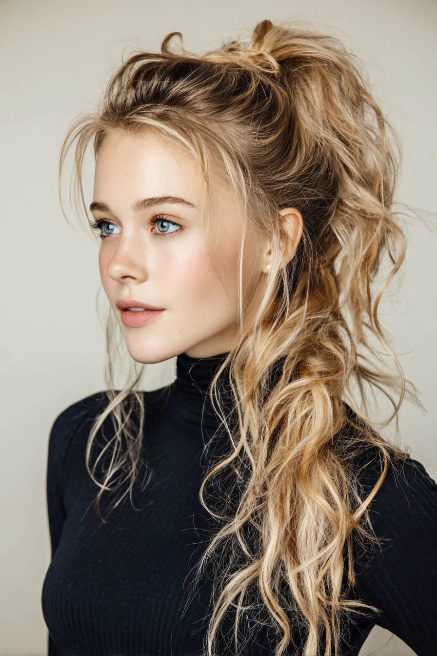 Messy Textured High Ponytail with Beachy Waves