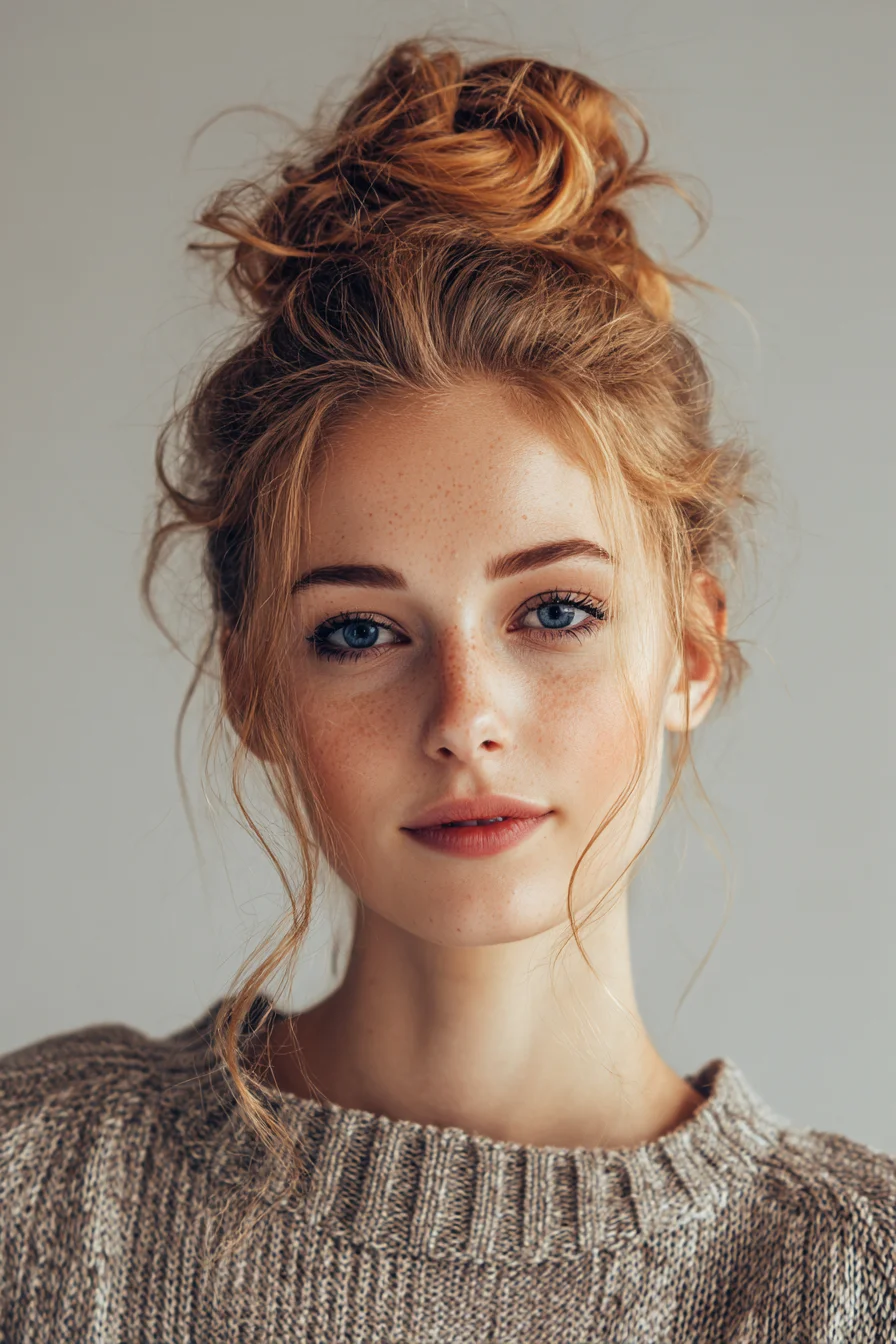 Messy Textured Top Knot with Face‑Framing Tendrils