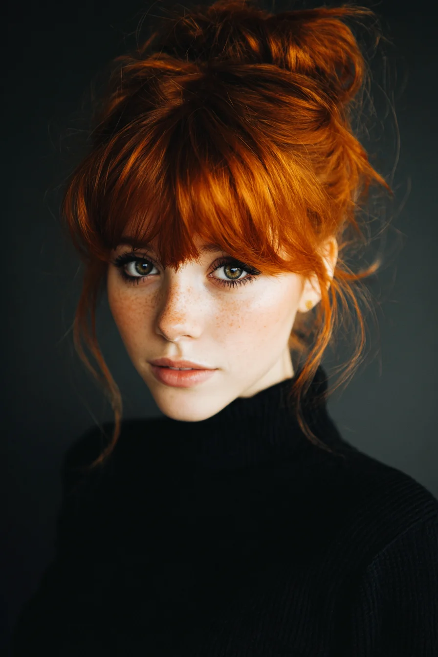 Messy Top Knot Bun with Blunt Fringe and Face‑Framing Pieces