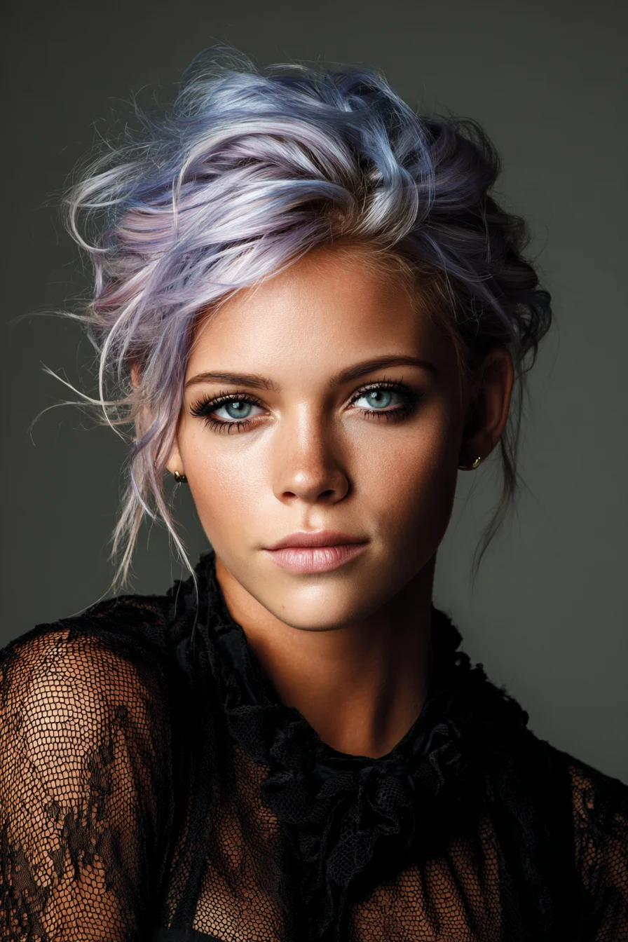 Pastel Lavender Textured Tousled Updo with Face‑Framing Pieces