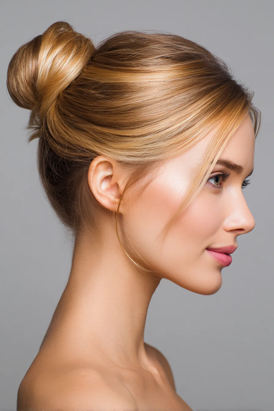 Polished High Bun with Soft Face‑Framing Tendrils